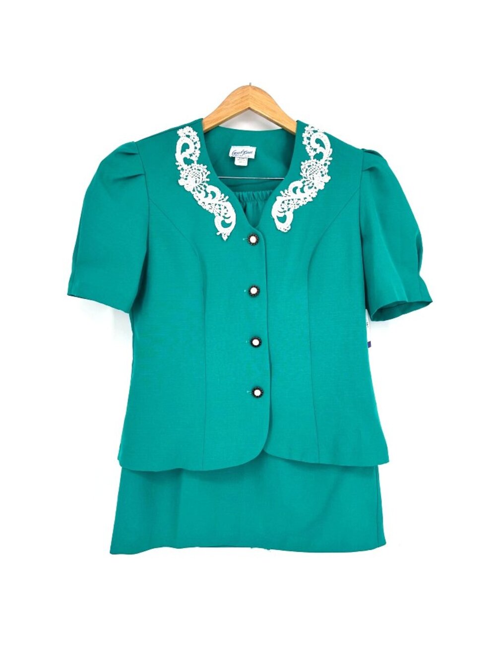 Vtg 80s Good Times 2 Piece Suit Skirt Set 12 Kelly Green Puff Sleeve Secretary